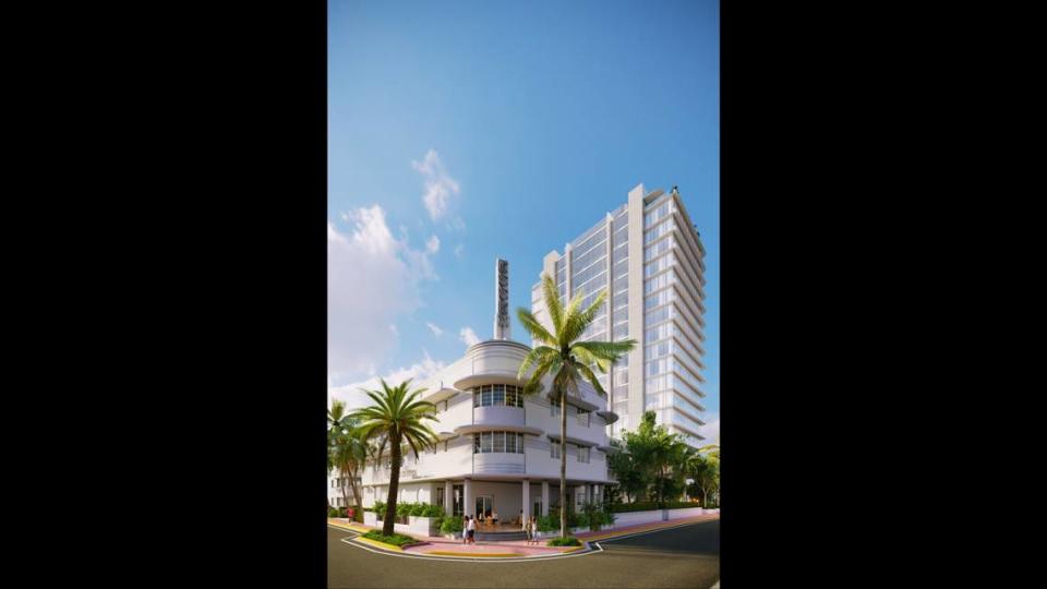 A rendering shows a proposal for an 18-story tower at the site of the Clevelander and Essex hotels on Ocean Drive in Miami Beach.