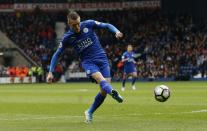 <p>Leicester City’s Jamie Vardy scores their first goal </p>