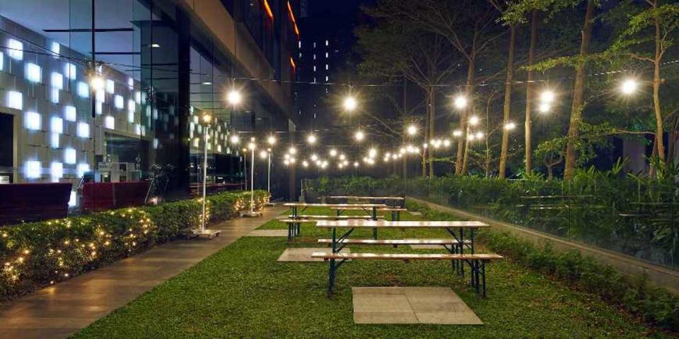 Open grassy space with benches and fairy lights at night