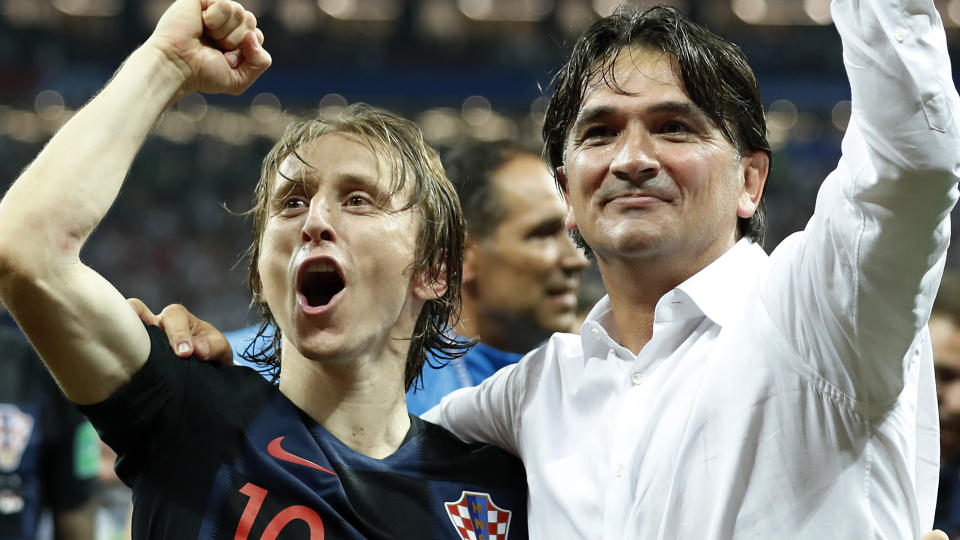 (L-R) Luka Modric of Croatia, coach Zlatko Dalic of Croatia during the 2018 FIFA World Cup Russia Semi Final match between Croatia and England at the Luzhniki Stadium on July 01, 2018 in Moscow, Russia(Photo by VI Images via Getty Images)