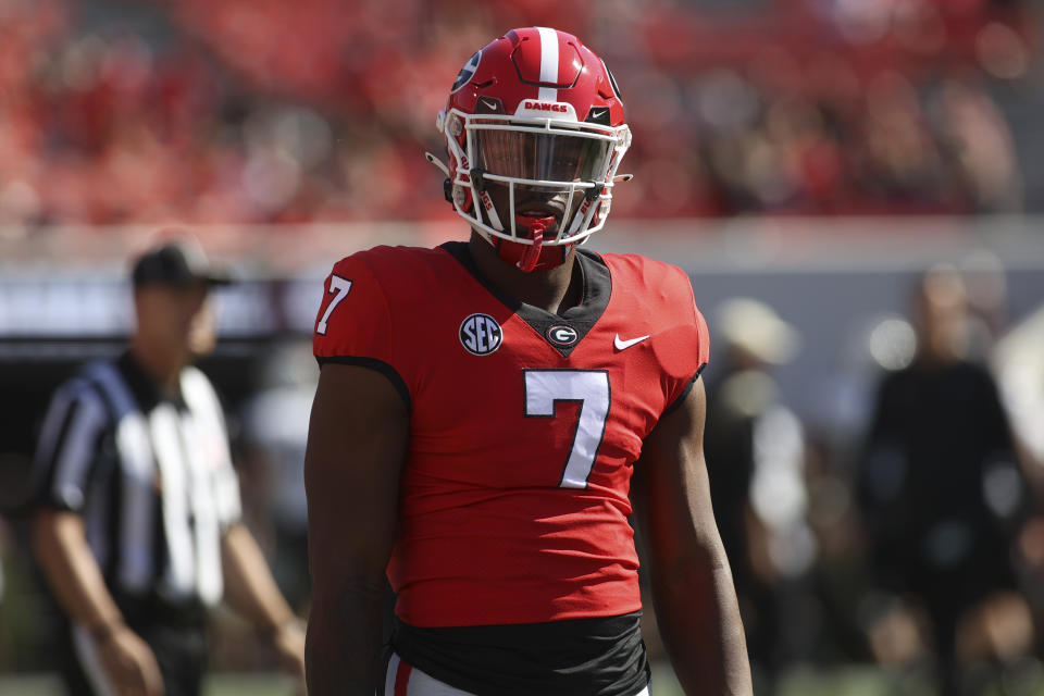 FILE -Georgia tight end Arik Gilbert (7) warms up before an NCAA college football game against Vanderbilt Saturday, Oct. 15, 2022 in Athens, Ga. Former Nebraska tight end Arik Gilbert pleaded no contest to two misdemeanors Tuesday, Jan. 30, 2024 and was ordered to pay a fine and restitution in connection with a break-in at a liquor and vape shop in Lincoln last summer.(AP Photo/Brett Davis, File)