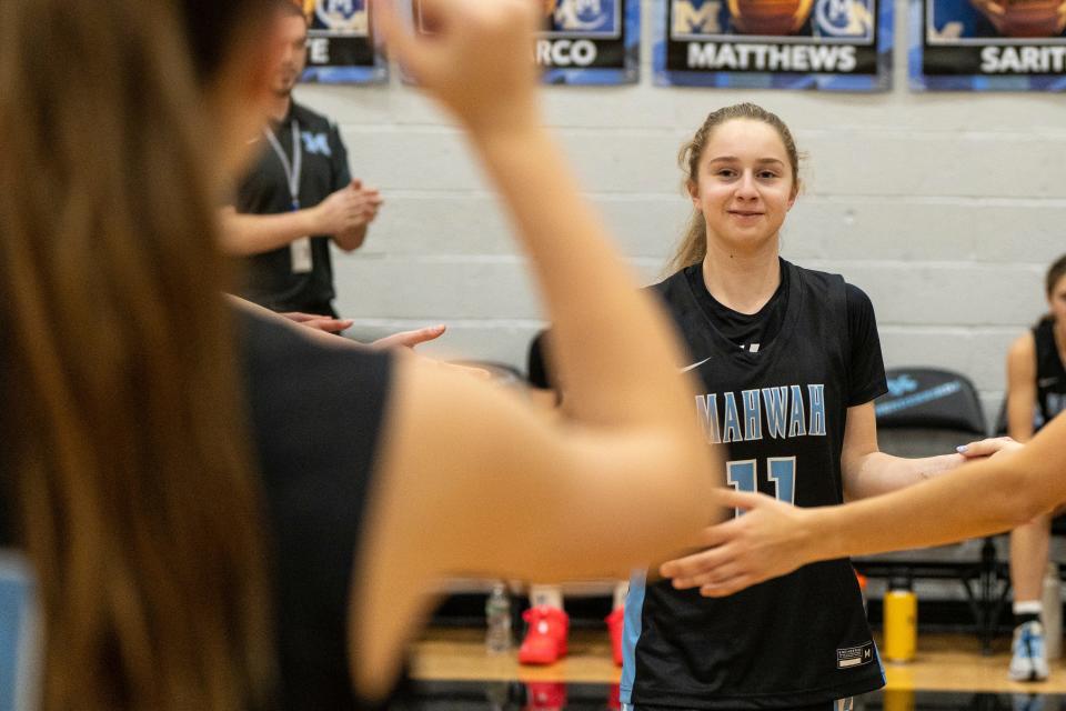 Jan 9, 2024; Mahwah, NJ, USA; Mahwah High School hosts Pascack Hills in a girls basketball game on Tuesday, Jan. 9, 2024. M #11 Harper Cohn is shown before the game.