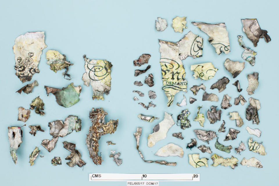 Undated handout photo issued by Greater Manchester Police of pieces of shrapnel, including a novelty money tin, collected from the scene of the Manchester Arena terror attack, which was shown at the Old Bailey in the court case of Hashem Abedi, brother of the Manchester Arena suicide bomber, who is accused of mass murder.