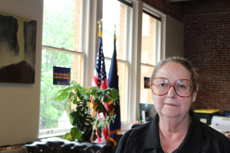 Betsy Johnson, Oregon's nonaffiliated gubernatorial candidate, poses in her campaign office in downtown Portland, Ore., on Friday, May 27, 2022. The former lawmaker will be in a three-way race for the governor's seat in November. (AP Photo/Sara Cline)