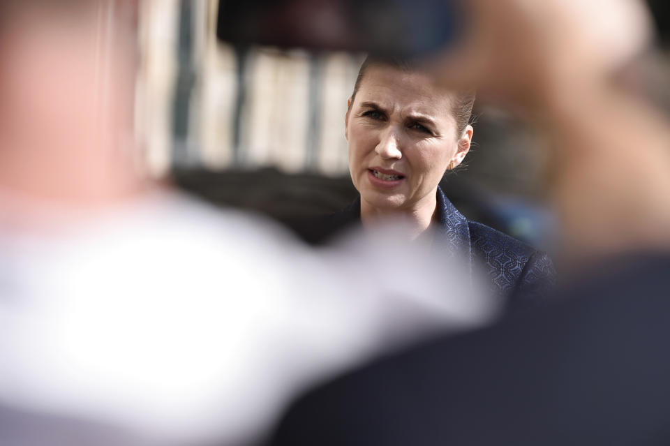 Denmark's Prime Minister Mette Frederiksen makes a comment on US President's cancellation of his scheduled State Visit, in front of the State Department in Copenhagen, Wednesday, Aug. 21, 2019. U.S. President Trump announced his decision to postpone a visit to Denmark by tweet on Tuesday Aug. 20, 2019, after Danish Prime Minister Mette Frederiksen dismissed the notion of selling Greenland to the U.S. as "an absurd discussion." (Mads Claus Rasmussen / Ritzau Scanpix)