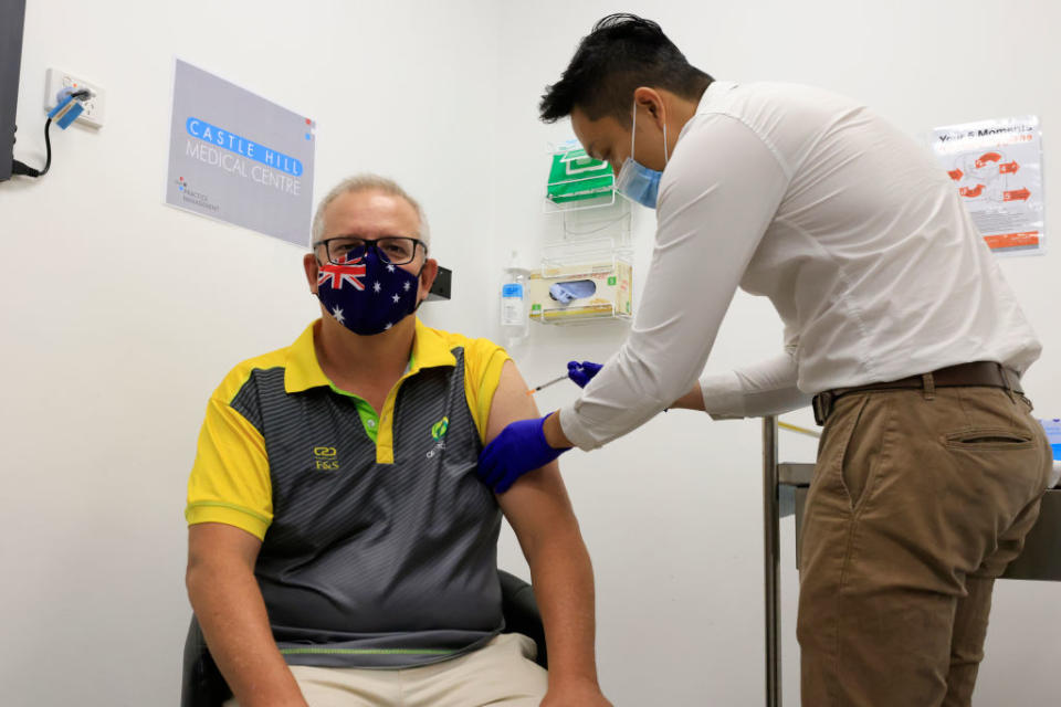 Australian Prime Minister Scott Morrison receives a Covid-19 vaccination at Castle Hill Medical Centre in Sydney, Australia. 