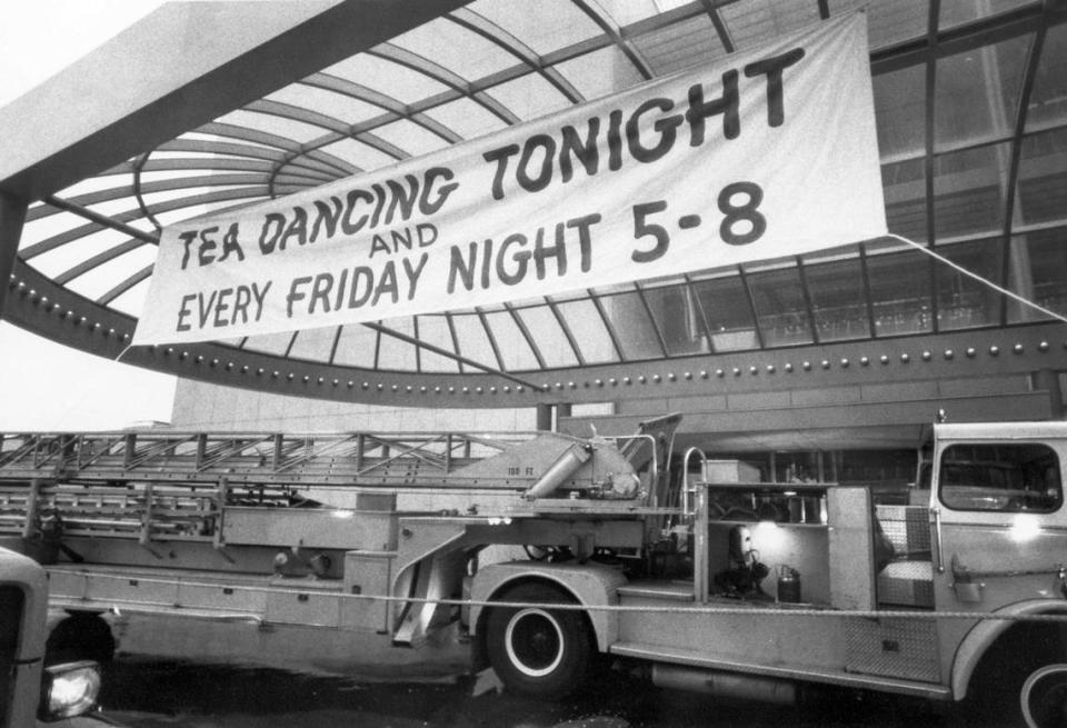 A banner at the entrance to the Hyatt Regency Hotel advertised the Friday night tea dances.