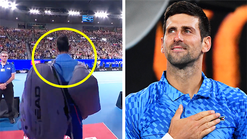 Novak Djokovic (pictured right) thanks the crowd and (pictured left) Djokovic walks out at the Australian Open.