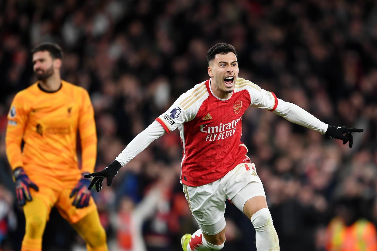 Gabriel Martinelli celebrates his go-ahead goal. (Stuart MacFarlane/Arsenal FC via Getty Images)