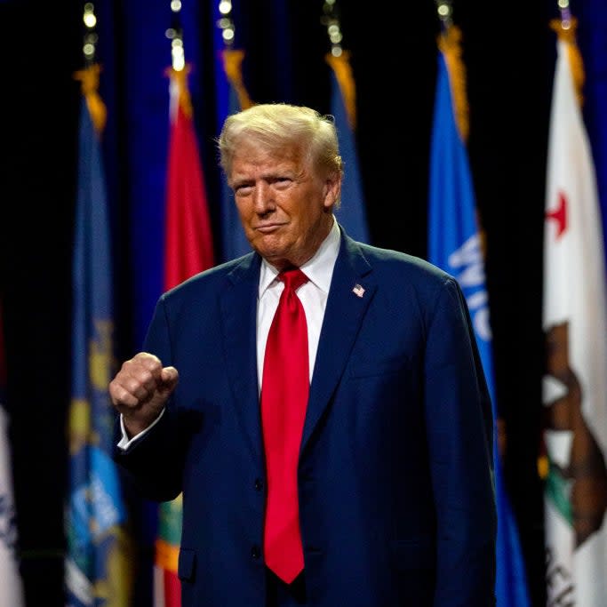 Donald Trump stands in front of multiple flags, wearing a blue suit and red tie, making a fist gesture