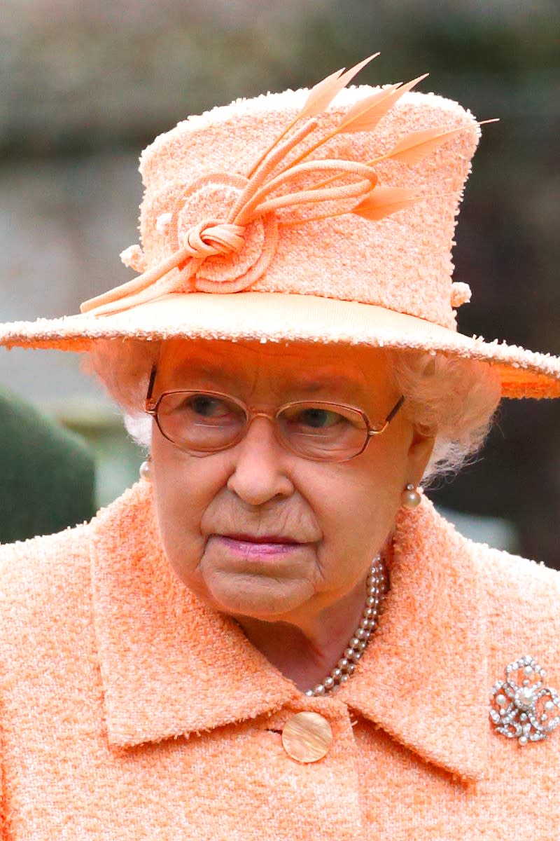 <p> A gloriously enticing peach colour makes this one of the Queen's most delightful hats. Her Majesty wore the colourful creation for a church service in Sandringham in 2014. </p>