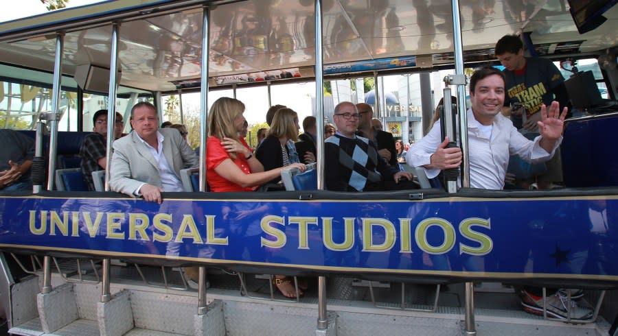 UNIVERSAL CITY, CA – JUNE 02: TV personality Jimmy Fallon (R, waving) hosts “Tram-tastic” Day at Universal Studios Hollywood on June 2, 2011 in Universal City, California. (Photo by David Livingston/Getty Images)