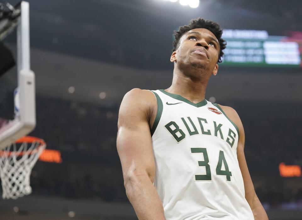 Milwaukee Bucks' Giannis Antetokounmpo reacts during the first half of Game 5 of the NBA Eastern Conference basketball playoff finals against the Toronto Raptors Thursday, May 23, 2019, in Milwaukee. (AP Photo/Morry Gash)