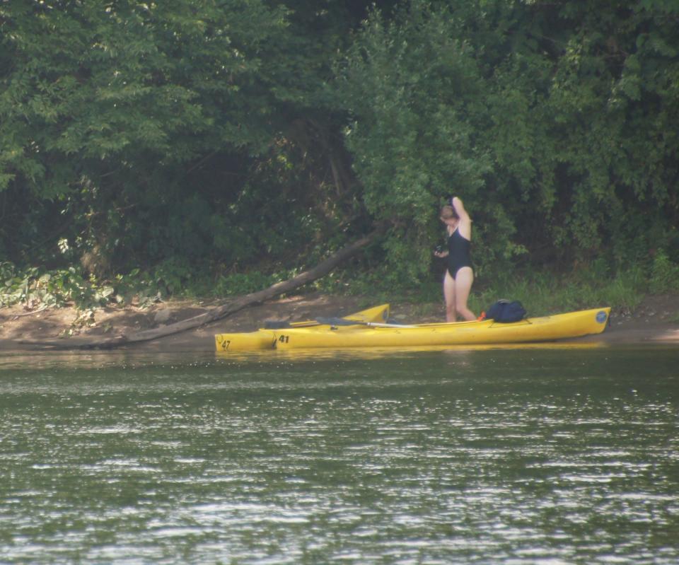 A kayaker stops for a swim on the Delaware River within the Delaware Water Gap National Recreation Area in August 2020.