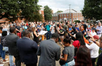 <p>Participants of “Charlottesville to D.C: The March to Confront White Supremacy” listen to speakers before they begin a ten-day trek to the nation’s capital from Charlottesville, Va., Aug. 28, 2017. (Photo: Julia Rendleman/Reuters) </p>