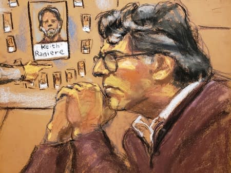 Court room sketch of Nxivm leader Keith Raniere, facing charges including racketeering, sex trafficing and child pornography is shown in this courtroom sketch in U.S. Federal Court in Brooklyn