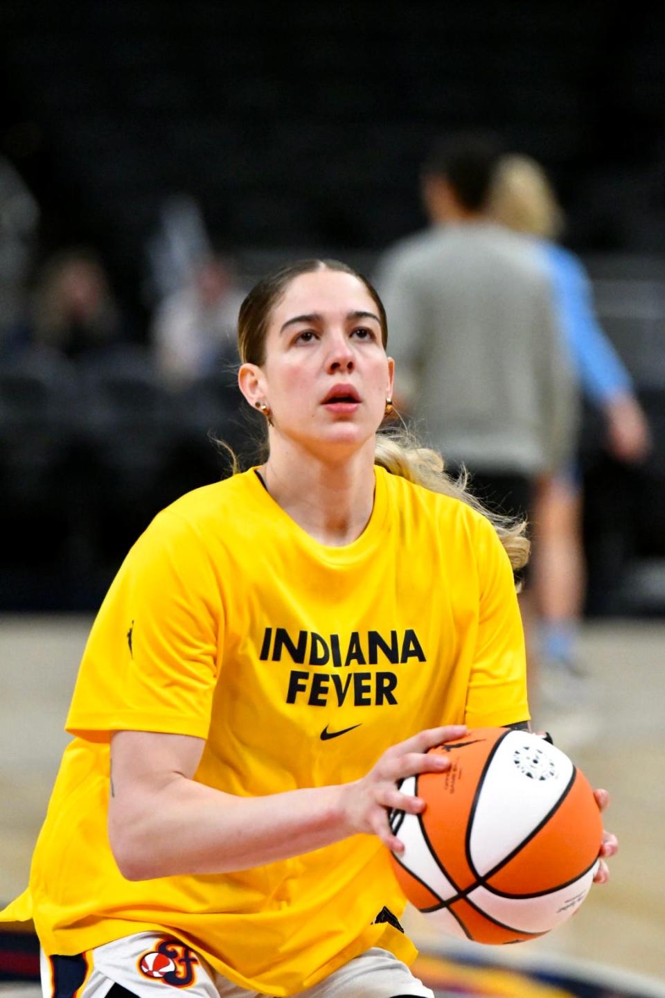 Indiana's Emily Engstler shoots during warmups as the Indiana Fever host the Chicago Sky in a preseason game at Gainbridge Fieldhouse in Indianapolis on April 30, 2022.