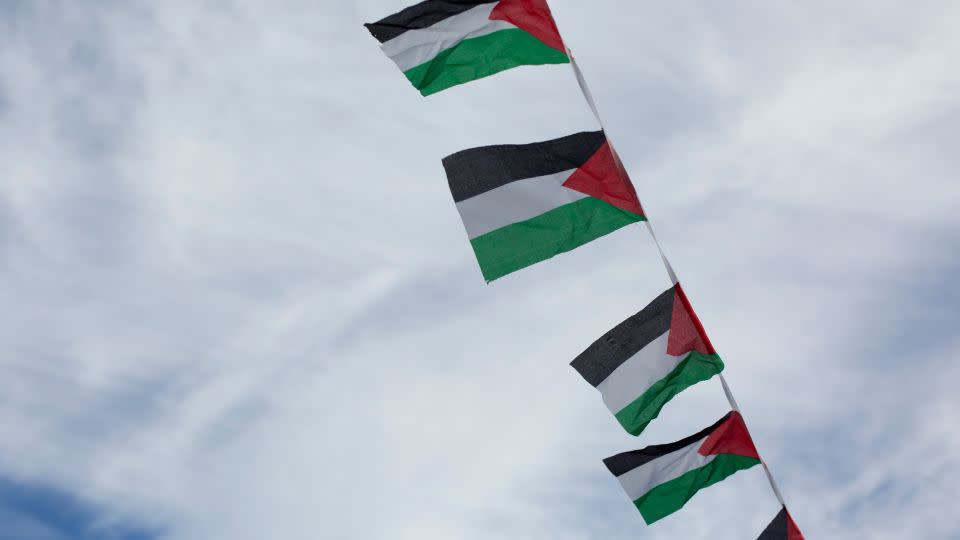 Palestinian flags fly last week in Paterson. - Laura Oliverio/CNN