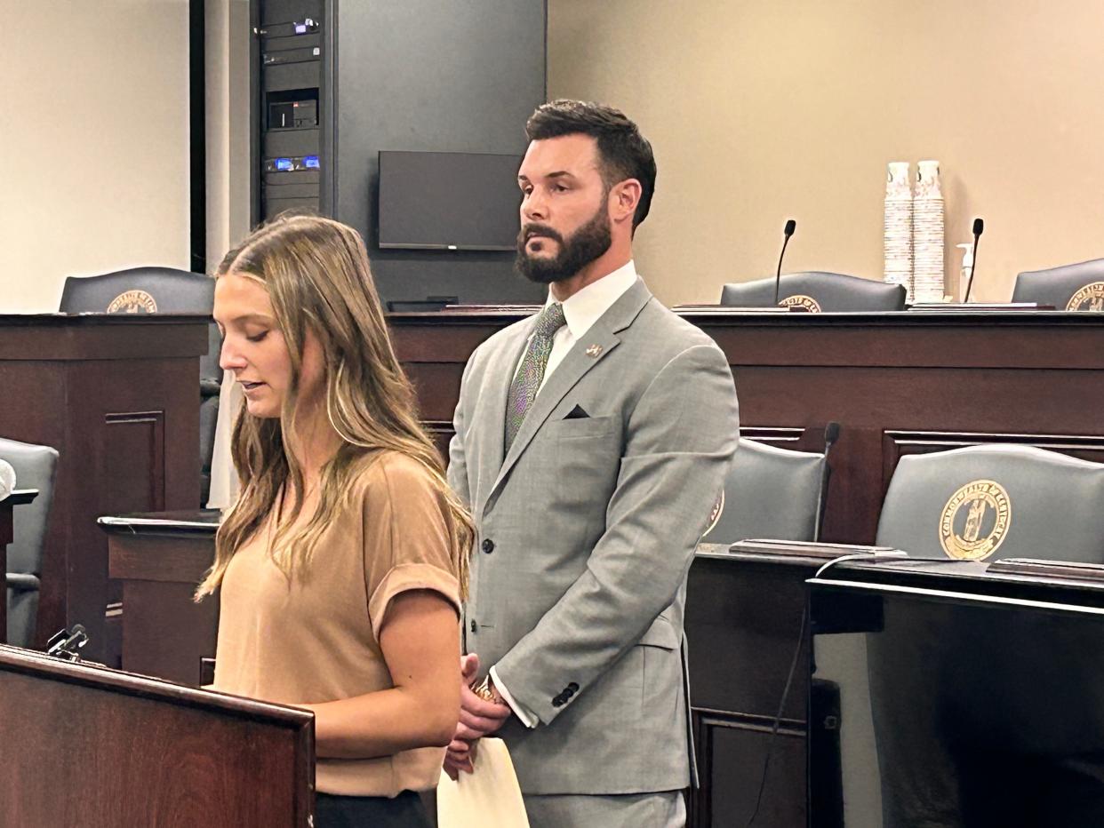 Hadley Duvall, who has shared her story of being raped as a child, said she is "heartbroken" about the failure of an abortion-ban exception bill sponsored by Sen. David Yates, right, to get a hearing in the Kentucky legislature this year. April 11, 2024