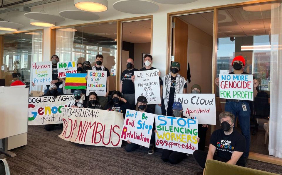 Google employees protest at the office of Google Cloud