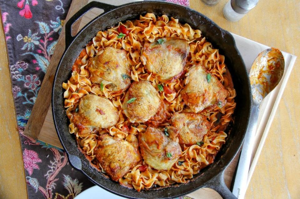 <p>Tonya Staab</p><p>These cast-iron skillet chicken thighs in a tomato and mascarpone sauce served with egg noodles are the perfect weeknight dinner.</p><p><strong>Get the recipe: </strong><a href="https://www.tonyastaab.com/skillet-chicken-thighs-in-a-tomato-mascarpone-sauce/?fbclid=IwAR3VeUFa-qRryeONFivJUQYm81vyzhgiuNQxSJfn0BJRn-KXkKv_2HxrYY8" rel="nofollow noopener" target="_blank" data-ylk="slk:Skillet Chicken Thighs In a Tomato Mascarpone Sauce;elm:context_link;itc:0;sec:content-canvas" class="link "><strong>Skillet Chicken Thighs In a Tomato Mascarpone Sauce</strong></a></p>