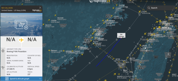 美P-8A在海峽中線開啟ADS-B訊號。翻攝Flightradar