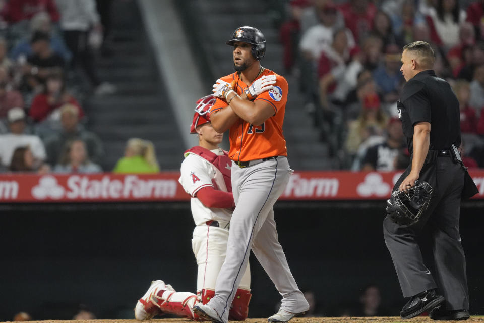 Houston Astros' Jose Abreu celebrates his solo home run during the eighth inning of a baseball game against the Los Angeles Angels, Friday, June 7, 2024, in Anaheim, Calif. (AP Photo/Ryan Sun)