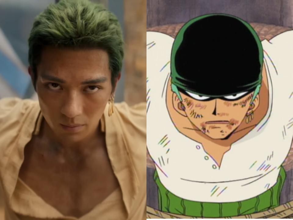 left; mackenyu as roronoa zoro, staring intently and with his green hair slicked back; right: zoro in the one piece anime. both are bound to a post in the same position, and anime zoro wears a cloth over his head