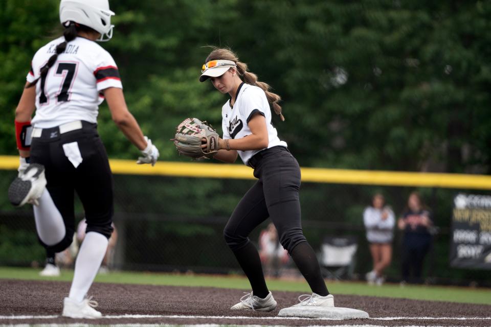 Emerson at Cedar Grove in the NJSIAA North 1, Group 1 softball final on Saturday, June 3, 2023. CG #99 Gabriella Florre gets the out at first. 