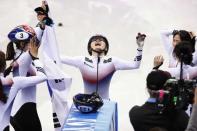 Short Track Speed Skating Events - Pyeongchang 2018 Winter Olympics - Women's 3000 m Final - Gangneung Ice Arena - Gangneung, South Korea - February 20, 2018 - Shim Sukhee, Minjeong Choi, Kim Alang and Kim Yejin of South Korea celebrate. REUTERS/John Sibley