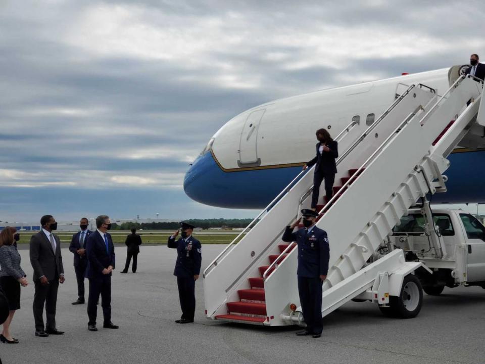 Vice President Kamala Harris arrived in Greensboro on Monday, April 19, 2021, to push the Biden administration’s infrastructure plan.