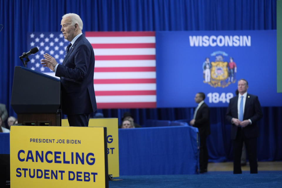 President Joe Biden delivers remarks on student loan debt at Madison College, Monday, April 8, 2024, in Madison, Wis. (AP Photo/Evan Vucci)