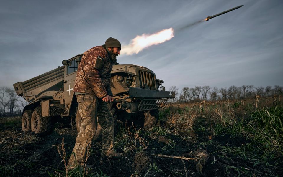 Ukrainian military's Grad multiple rocket launcher fires rockets at Russian positions in the frontline near Bakhmut - Libkos/AP