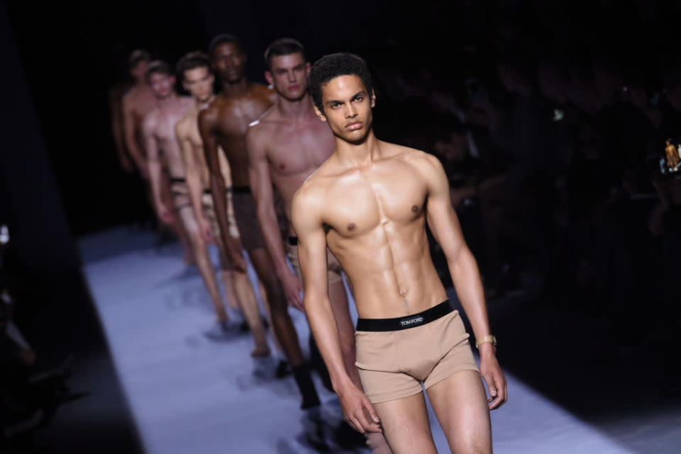 The finale at Tom Ford’s fall-winter 2018 menswear collection featured “nude” boxer briefs that matched the skin tone of the models wearing them. (Photo: Getty Images)