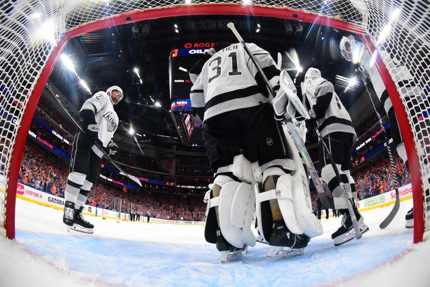 EDMONTON, CANADA - MAY 01: The Los Angeles Kings recognize their goaltender David Rittich #31 as his season comes to an end following Game Five of the first round of the 2024 Stanley Cup Playoffs against the Edmonton Oilers at Rogers Place on May 1 2024, in Edmonton, Alberta, Canada.  (Photo by Andy Devlin/NHLI via Getty Images)