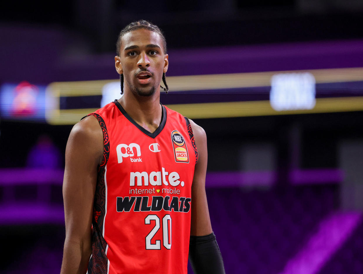 Alex Sarr of the Perth Wildcats during a break in the game against G League Ignite on Sept. 6, 2023 in Las Vegas. (Photo by Ethan Miller/Getty Images)