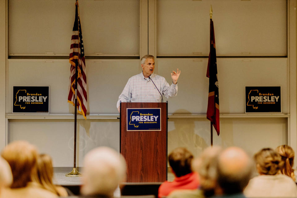 Democratic Candidate Brandon Presley speaks in Oxford, Miss. (Imani Khayyam for NBC)