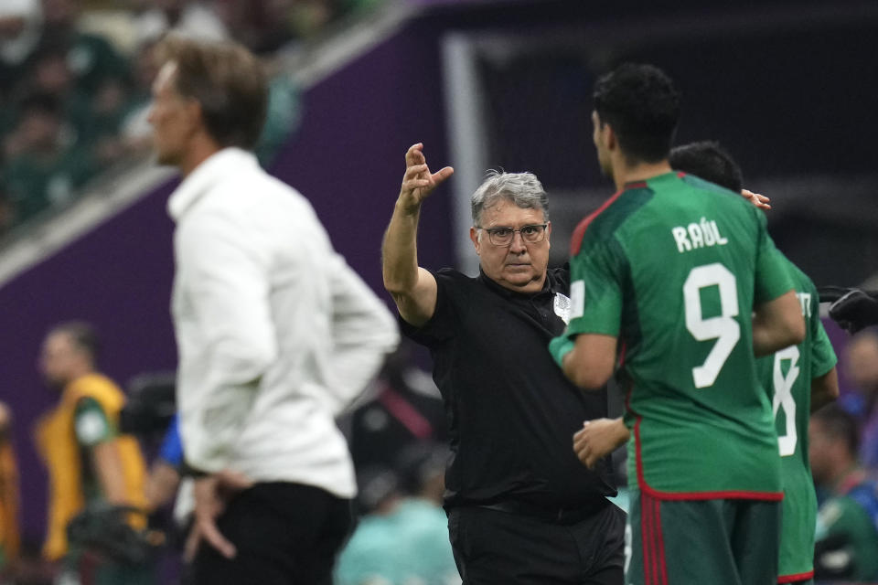 Mexico's head coach Gerardo Martino gestures during the World Cup group C soccer match between Saudi Arabia and Mexico, at the Lusail Stadium in Lusail, Qatar, Wednesday, Nov. 30, 2022. (AP Photo/Manu Fernandez)