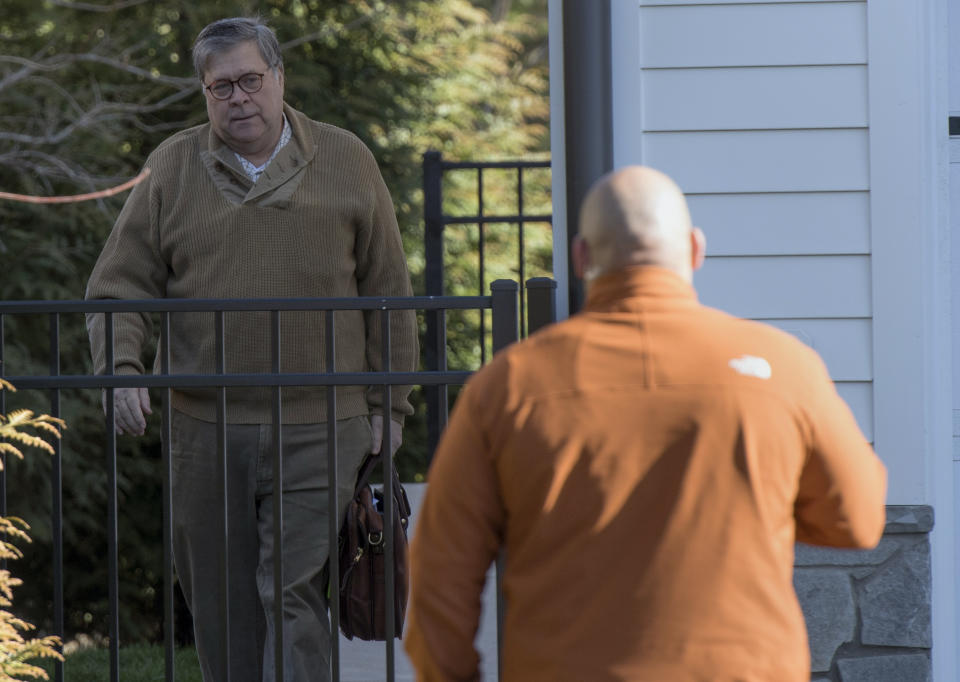 Attorney General William Barr leaves his home in McLean, Va., on Saturday morning, March 23, 2019. Special counsel Robert Mueller closed his long and contentious Russia investigation with no new charges, ending the probe that has cast a dark shadow over Donald Trump's presidency. (AP Photo/Sait Serkan Gurbuz)