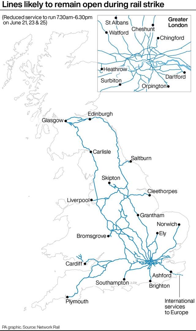 PA infographic showing lines likely to remain open during rail strike