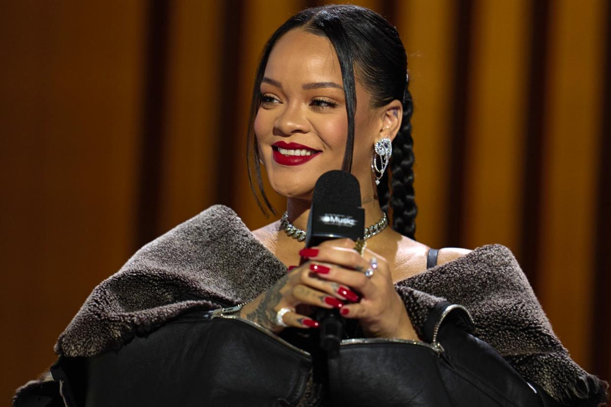 Rihanna speaks during a press conference for the Apple Music Super Bowl 57 halftime show at the Phoenix Convention Center on February 9, 2023 in Phoenix, Arizona.