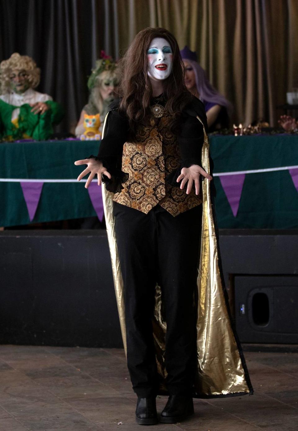 Gray Gautereaux, dressed in drag as Jackson Havoc, performed “You’ll Be Back” from Hamilton at a fairytale-themed drag show at Bang the Drum Brewery on March 23, 2024.