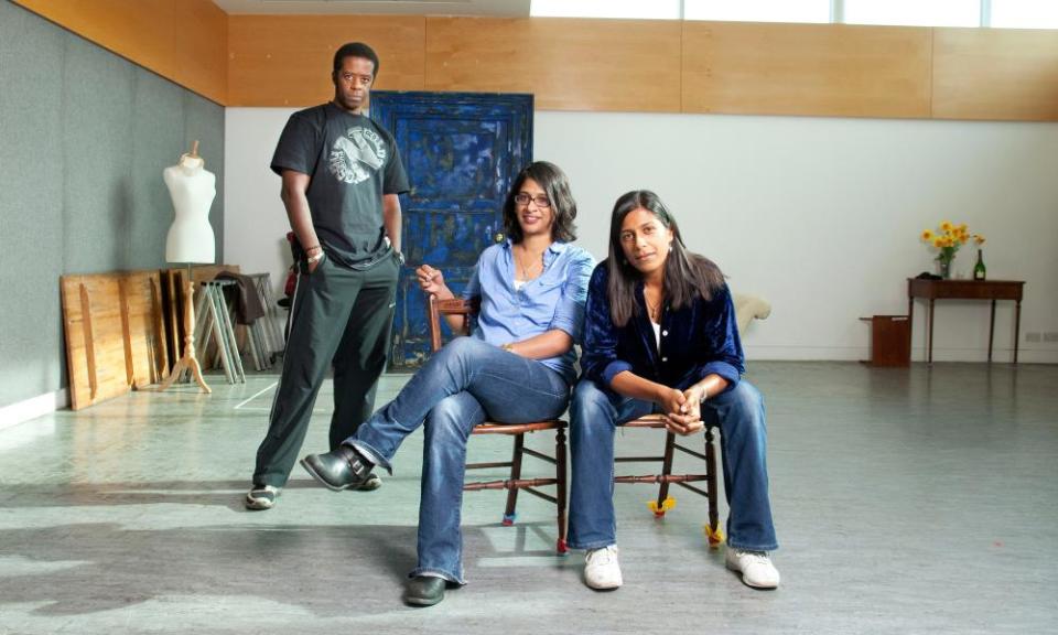 Indhu Rubasingham, centre, with Adrian Lester and Lolita Chakrabati in rehearsal for Chakrabati’s award-winning play Red Velvet in 2015.