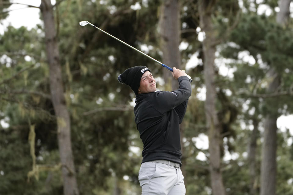 Viktor Hovland, of Norway, follows his shot from the second tee of the Spyglass Hill Golf Course during the AT&T Pebble Beach Pro-Am golf tournament in Pebble Beach, Calif., Thursday, Feb. 2, 2023. (AP Photo/Godofredo A. Vásquez)