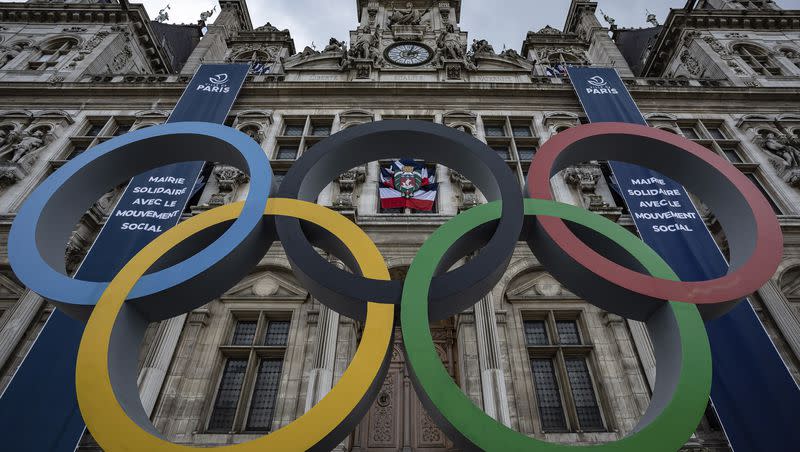 The Olympic rings are seen in front of the Paris City Hall, in Paris, Sunday, April 30, 2023. The 2024 Olympic Games will take place from July 26 to Aug. 11, 2024, in Paris and other venues.