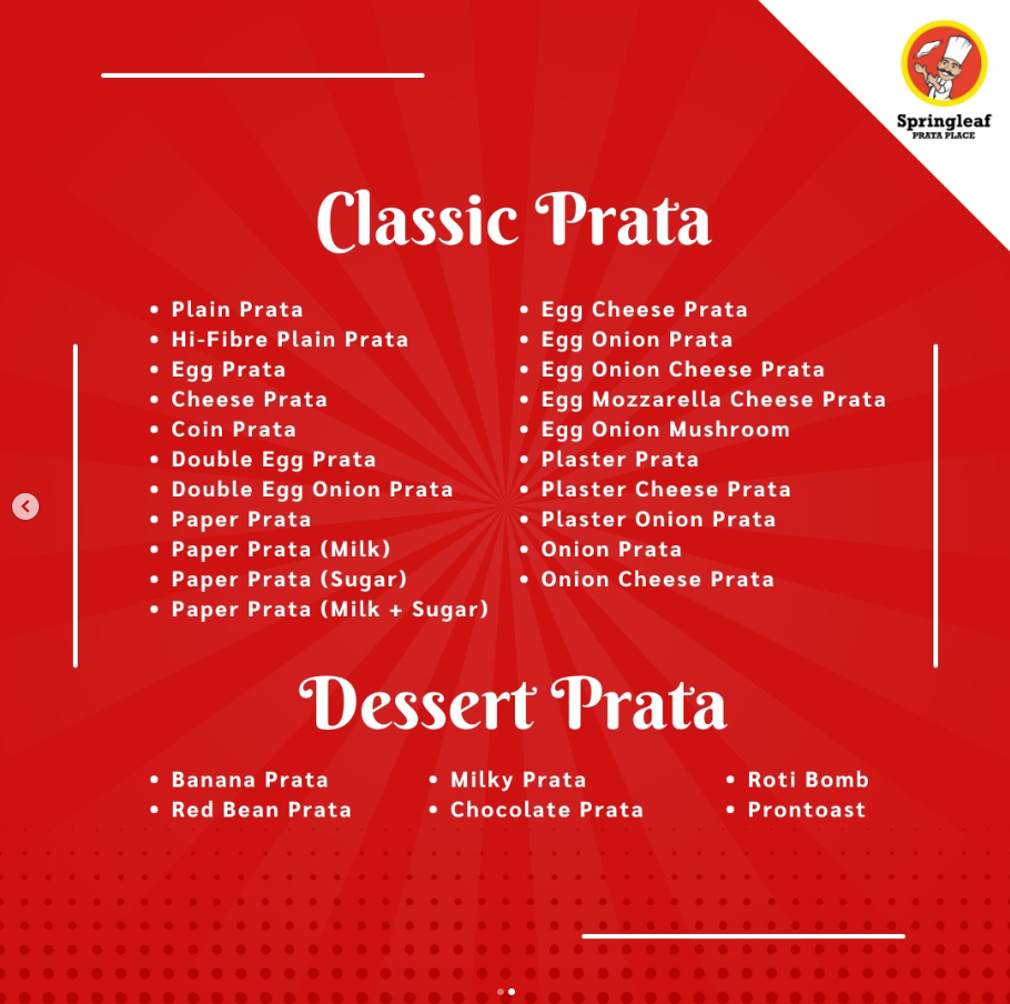 springleaf prata - menu for buffet