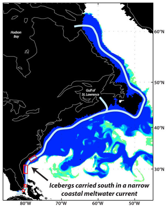 A model of the coastal currents that could have carried icebergs south to Florida.