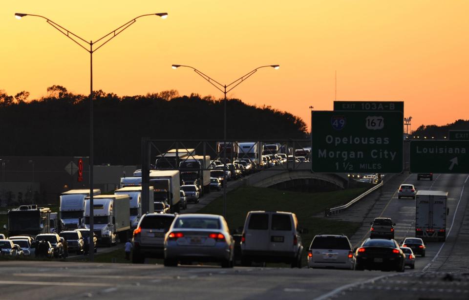 Heavy traffic on Interstate 10 in Lafayette near the exit for I-49.