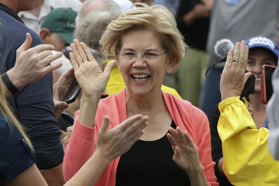 Democratic presidential candidate Sen. Elizabeth Warren, D-Mass., greets people as she arrives to a campaign event, Monday, Sept. 2, 2019, in Hampton Falls, N.H. (AP Photo/Elise Amendola)