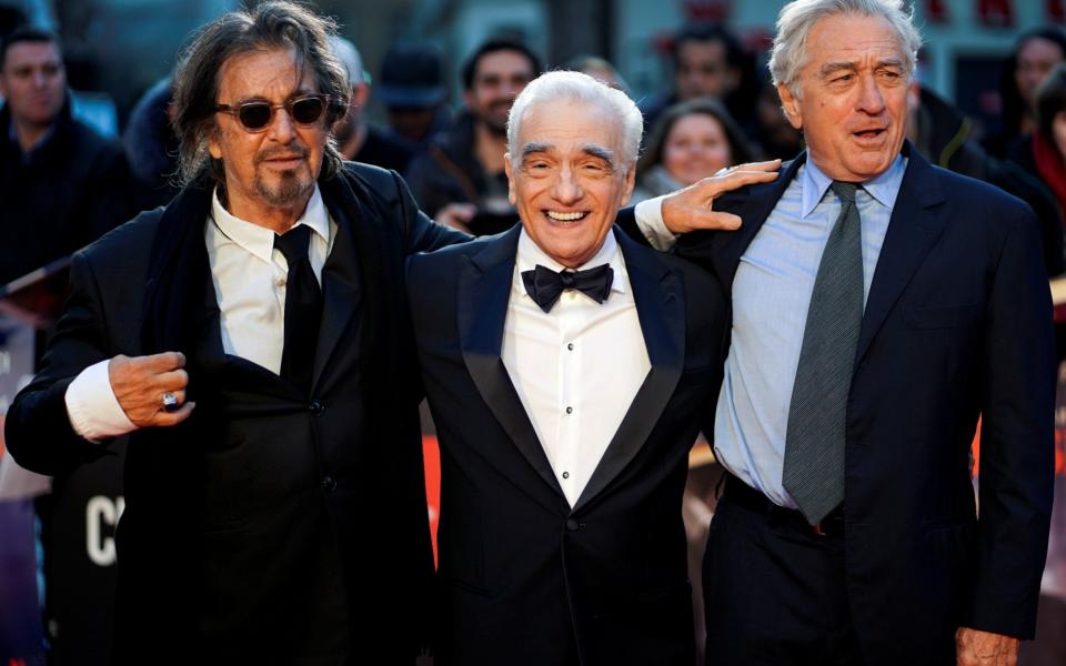 Martin Scorsese with Al Pacino (left) and Robert De Niro (right) at the premiere of The Irishman last October at the Odeon Leicester Square  - Henry Nicholls/REUTERS